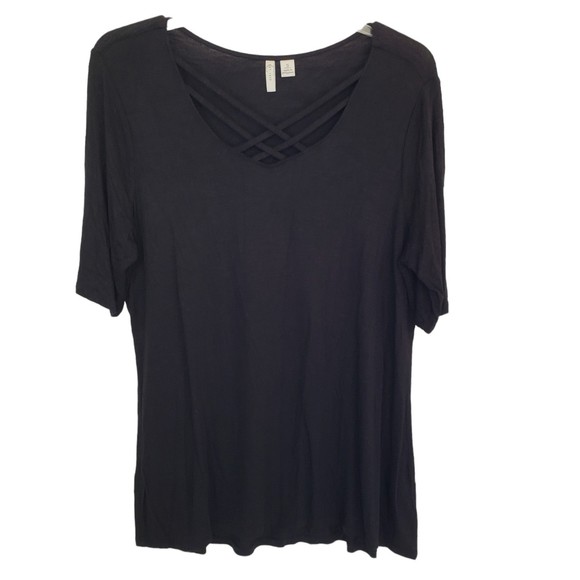 Cato Black Short Sleeve Blouse with Criss-Cross Neck Detail; Size Small - Picture 1 of 7